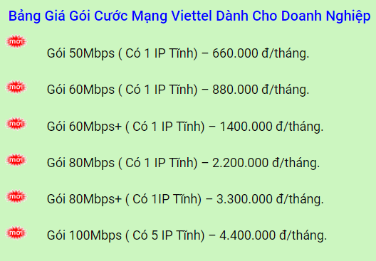 Gói cước internet Viettel Dĩ An dành cho Doanh Nghiệp: